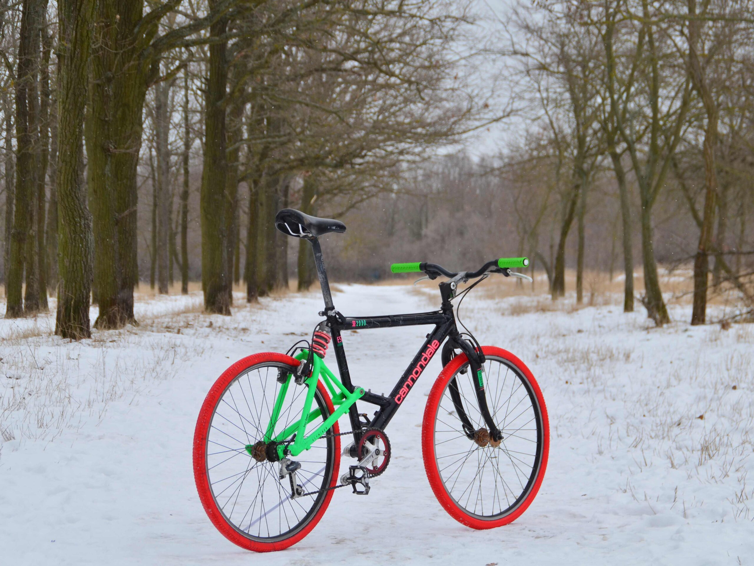 Fiets met rode Tannus Tires stevige lekvrije banden in een besneeuwd bos.